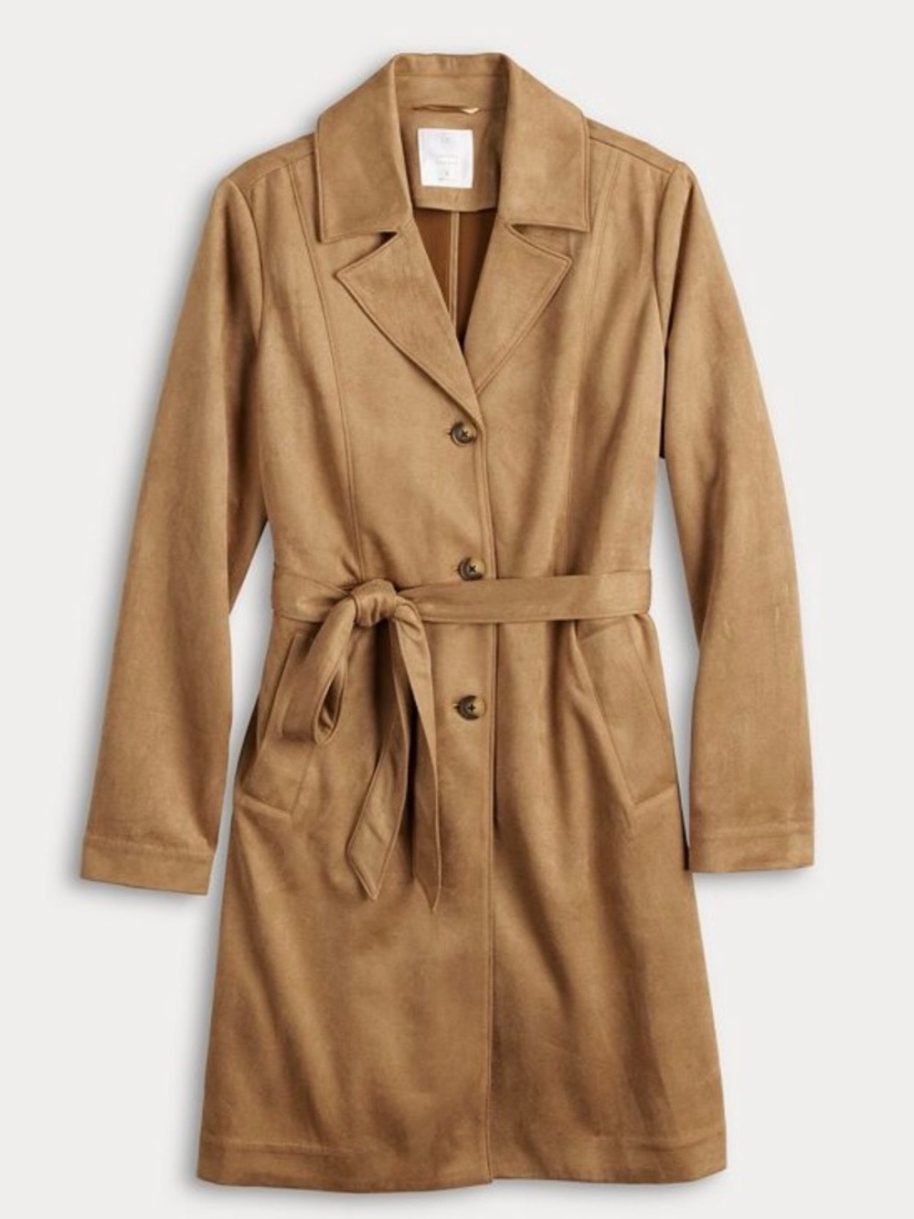 LC Lauren Conrad Camel Suede Belted Trench Coat